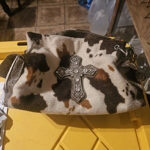 Cowhide Cross Accent Shoulder Bag - Brown/White